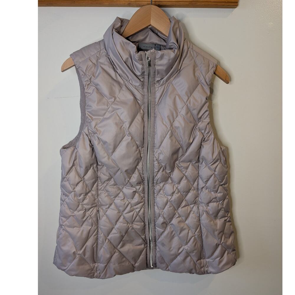 Athleta Quilted Puffer Vest Silver Gray Diamond Quilt Full Zip Large